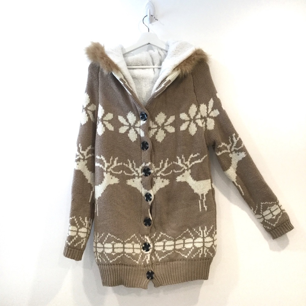 Hooded Chunky Knit Sherpa Style Warm Long Winter Coat Jacket Reindeer Hoodie S